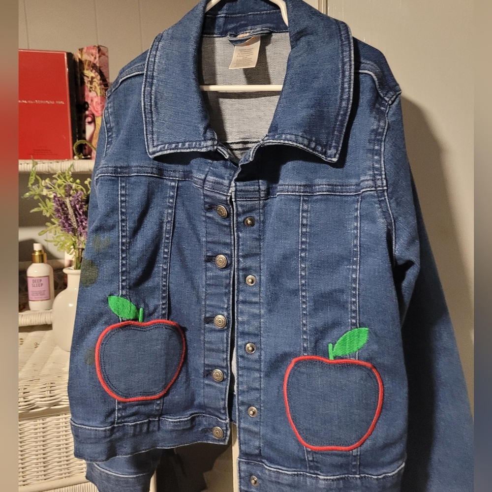 Blue Jean Jacket with Red Apple Patches